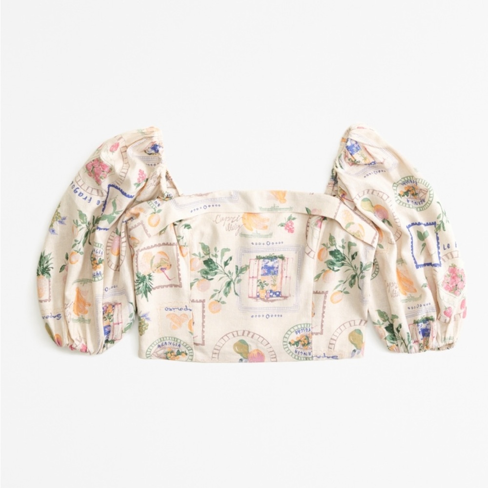 Abercrombie Linen-Blend Puff Sleeve Set Top Cream Pattern